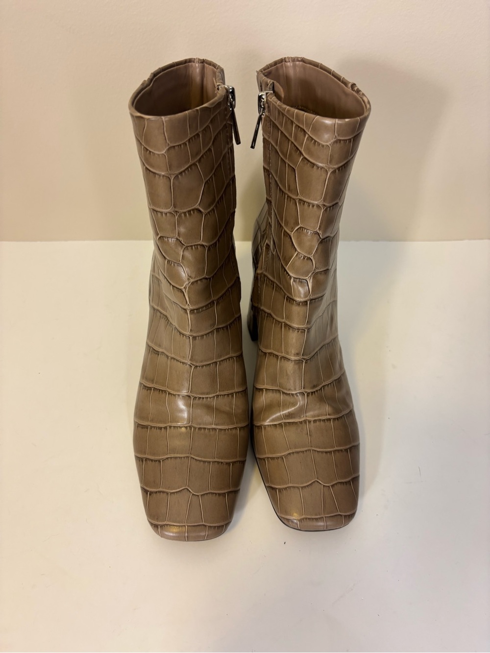 Sam Edelman Croc-Embossed Block Heel Mid Calf Booties - Taupe Women’s 8 - Picture 2 of 7